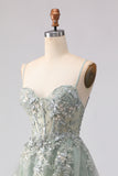 Floral Sage Green Tulle Lace Beaded Long Corset Prom Dress with Slit