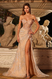 Sparkly Peach Beaded Mermaid Off the Shoulder Long Corset Prom Dress with Slit