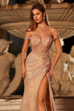 Sparkly Peach Beaded Mermaid Off the Shoulder Long Corset Prom Dress with Slit