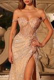 Sparkly Peach Beaded Mermaid Off the Shoulder Long Corset Prom Dress with Slit