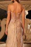 Sparkly Peach Beaded Mermaid Off the Shoulder Long Corset Prom Dress with Slit