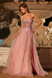 Sparkly Pink A Line Beaded Tulle Long Corset Prom Dress with Slit