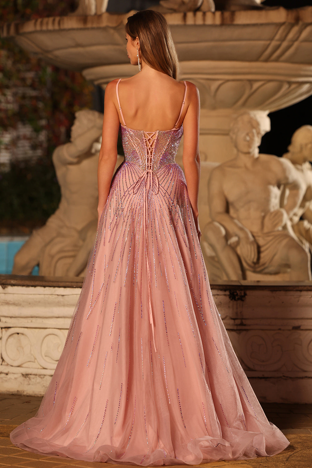 Sparkly Pink A Line Beaded Tulle Long Corset Prom Dress with Slit