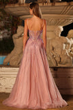 Sparkly Pink A Line Beaded Tulle Long Corset Prom Dress with Slit