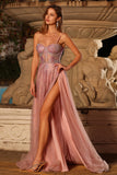 Sparkly Pink A Line Beaded Tulle Long Corset Prom Dress with Slit