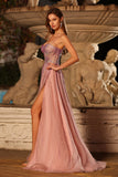 Sparkly Pink A Line Beaded Tulle Long Corset Prom Dress with Slit
