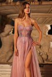 Sparkly Pink A Line Beaded Tulle Long Corset Prom Dress with Slit
