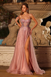 Sparkly Pink A Line Beaded Tulle Long Corset Prom Dress with Slit