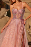 Sparkly Pink A Line Beaded Tulle Long Corset Prom Dress with Slit
