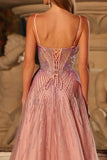 Sparkly Pink A Line Beaded Tulle Long Corset Prom Dress with Slit