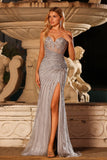 Sparkly Silver Mermaid Sweetheart Long Corset Prom Dress with Rhinestones