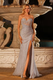 Sparkly Silver Mermaid Sweetheart Long Corset Prom Dress with Rhinestones