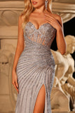 Sparkly Silver Mermaid Sweetheart Long Corset Prom Dress with Rhinestones