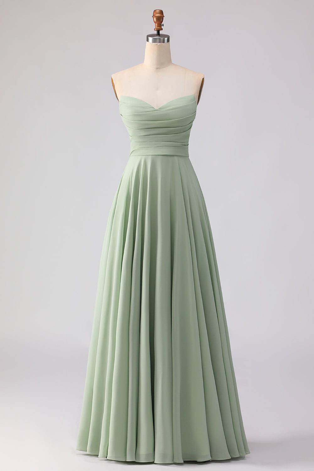 Dusty Sage Ruched A Line Chiffon Strapless Long Bridesmaid Dress