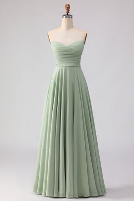 Dusty Sage Ruched A Line Chiffon Strapless Long Bridesmaid Dress