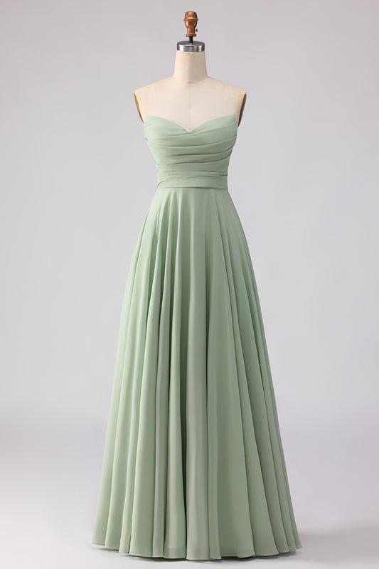 Dusty Sage Ruched A Line Chiffon Strapless Long Bridesmaid Dress
