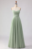 Dusty Sage Ruched A Line Chiffon Strapless Long Bridesmaid Dress