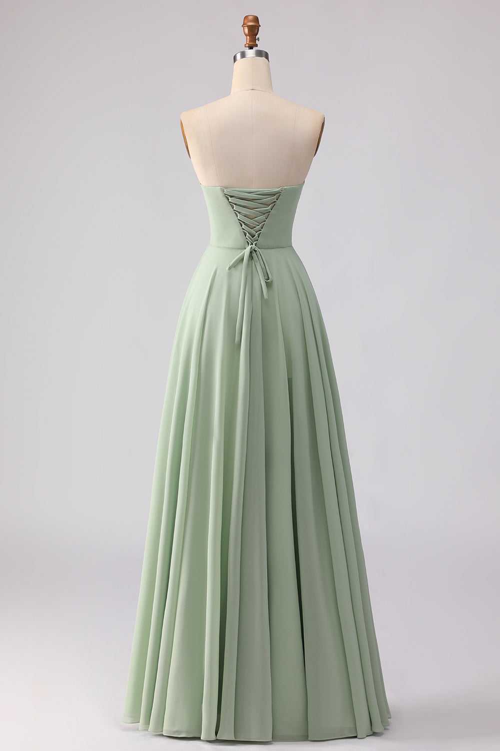Dusty Sage Ruched A Line Chiffon Strapless Long Bridesmaid Dress