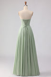 Dusty Sage Ruched A Line Chiffon Strapless Long Bridesmaid Dress