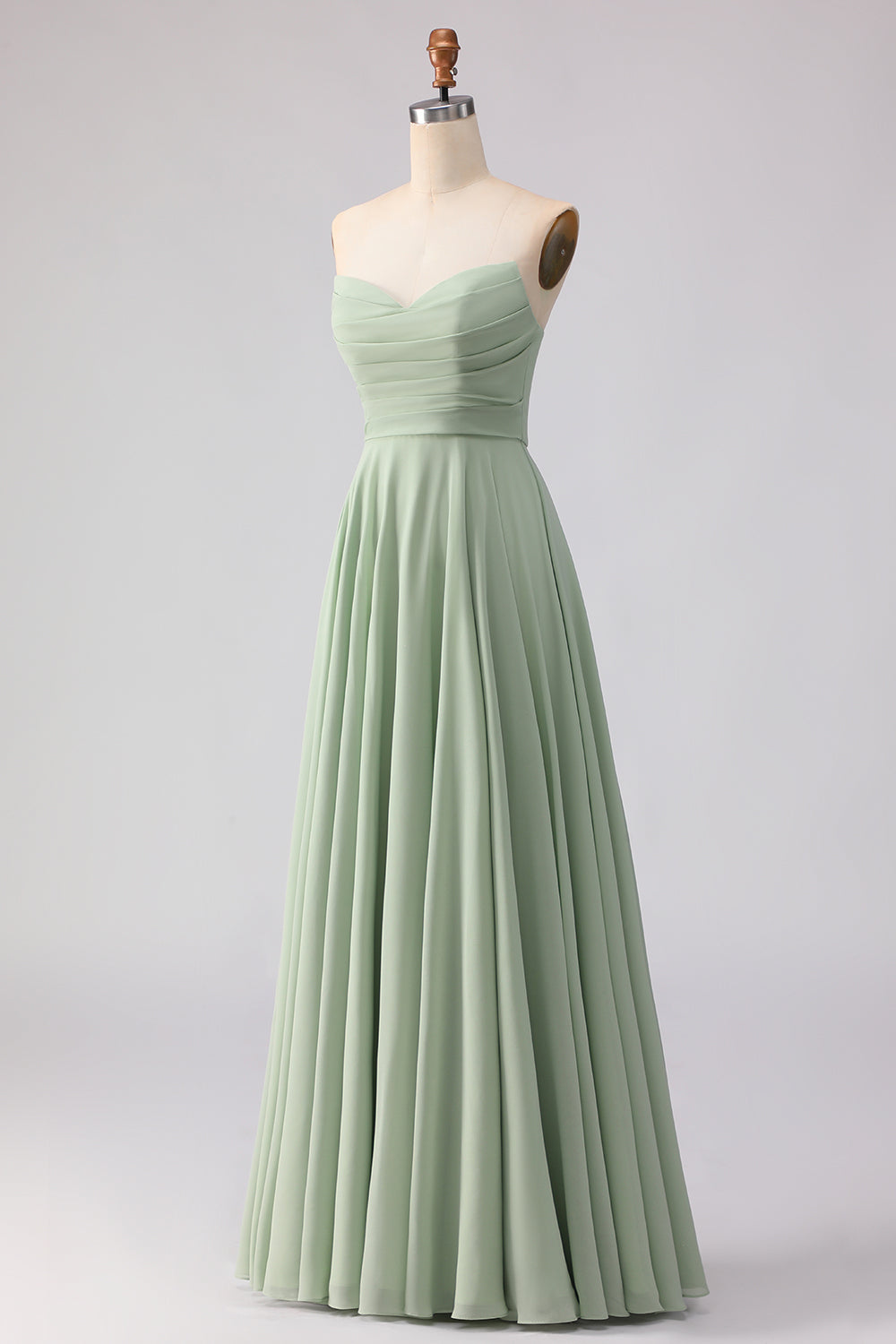 Dusty Sage Ruched A Line Chiffon Strapless Long Bridesmaid Dress