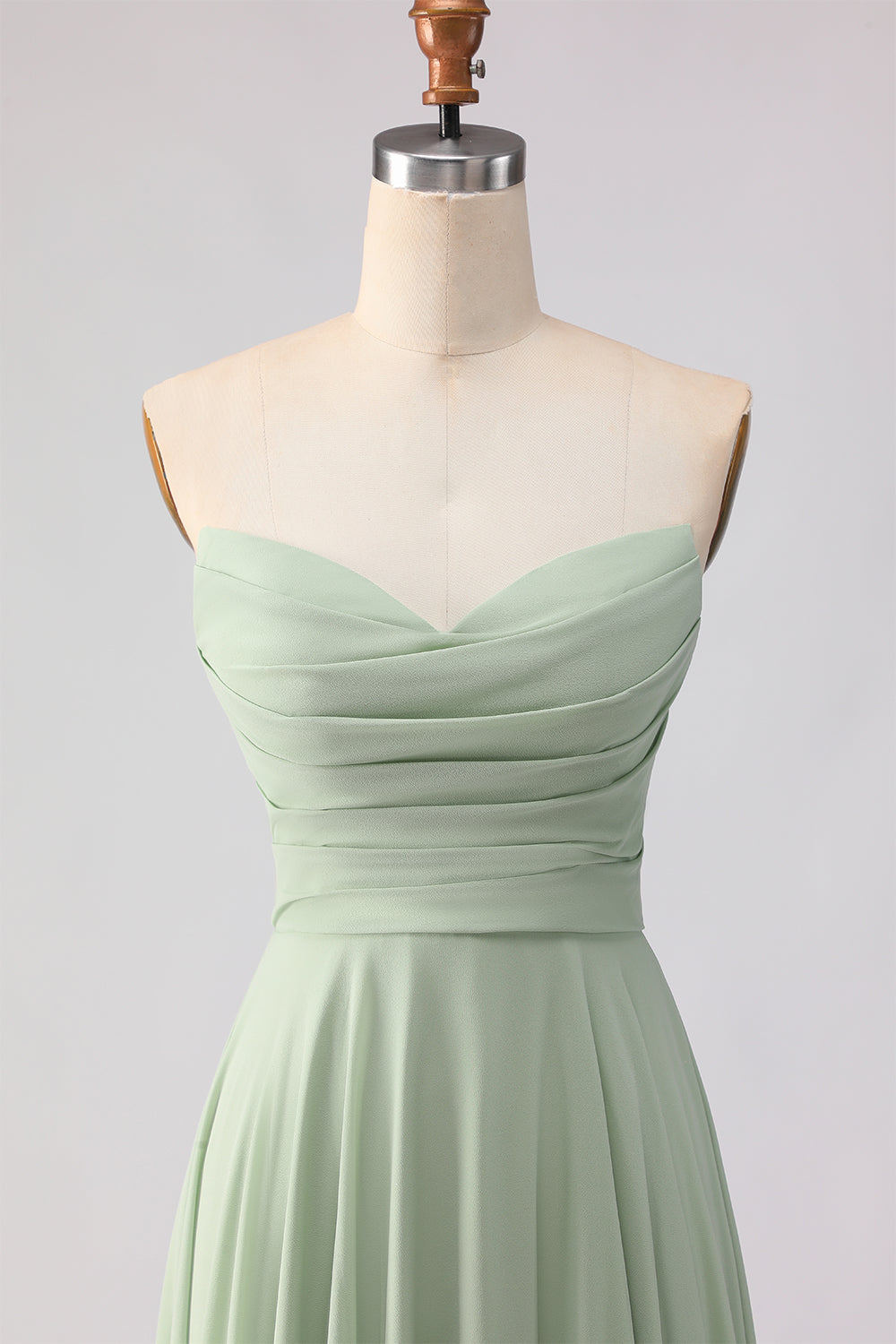Dusty Sage Ruched A Line Chiffon Strapless Long Bridesmaid Dress