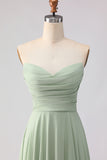 Dusty Sage Ruched A Line Chiffon Strapless Long Bridesmaid Dress