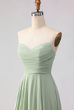 Dusty Sage Ruched A Line Chiffon Strapless Long Bridesmaid Dress