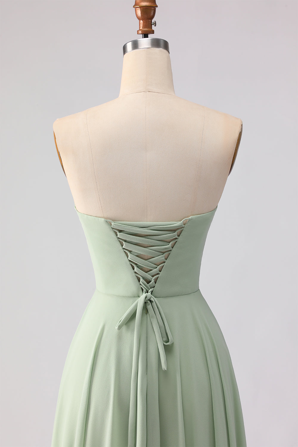 Dusty Sage Ruched A Line Chiffon Strapless Long Bridesmaid Dress