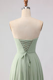 Dusty Sage Ruched A Line Chiffon Strapless Long Bridesmaid Dress