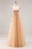 Peach A Line Tulle Beaded Long Prom Dress