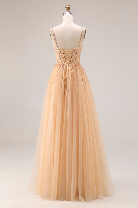 Peach A Line Tulle Beaded Long Prom Dress