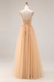 Peach A Line Tulle Beaded Long Prom Dress