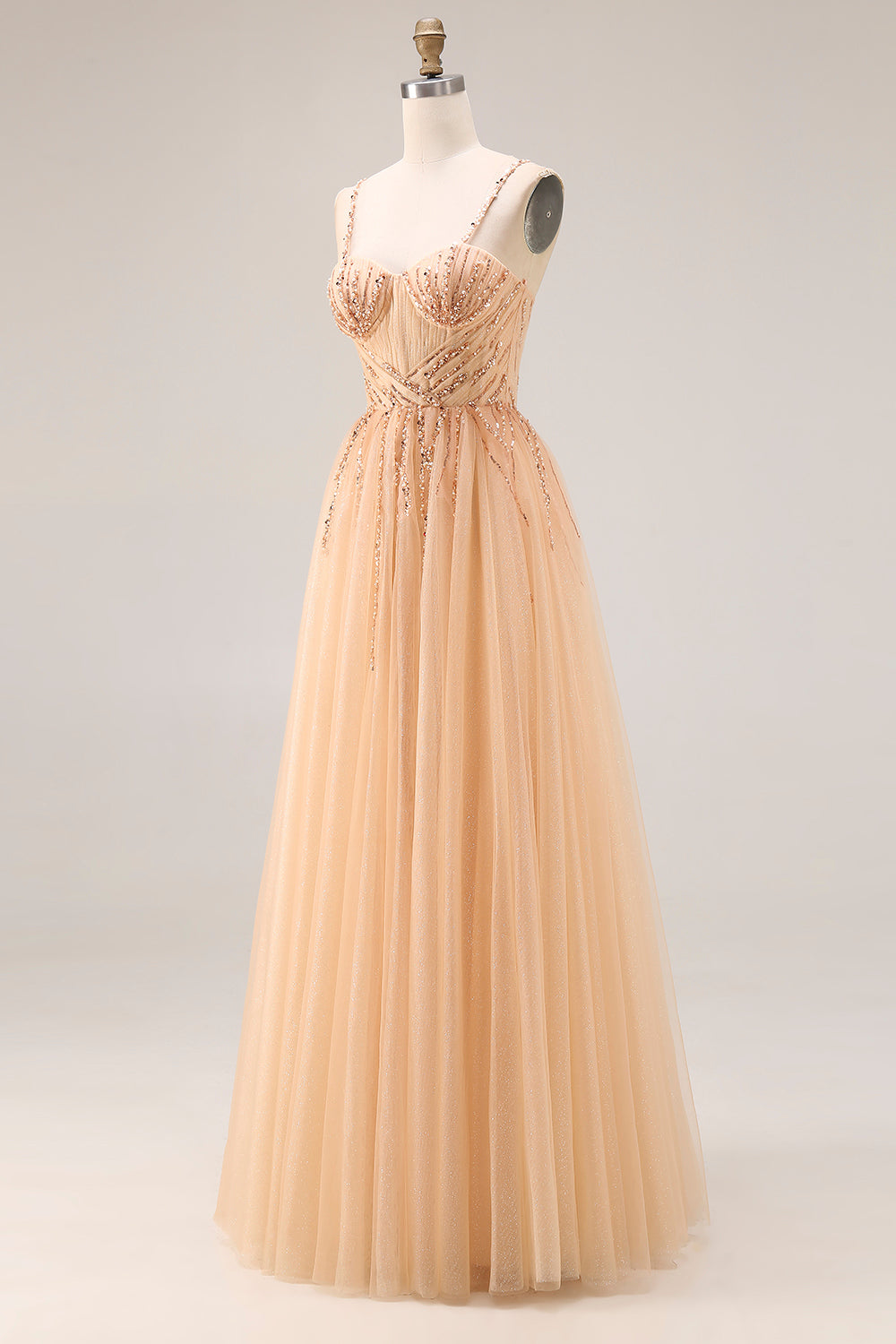Peach A Line Tulle Beaded Long Prom Dress