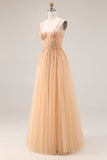 Peach A Line Tulle Beaded Long Prom Dress