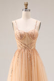Peach A Line Tulle Beaded Long Prom Dress