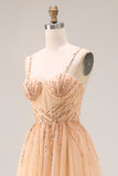 Peach A Line Tulle Beaded Long Prom Dress