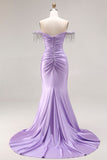 Sparkly Light Purple Off the Shoulder Mermaid Long Prom Dress with Fringes