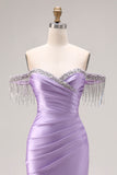Sparkly Light Purple Off the Shoulder Mermaid Long Prom Dress with Fringes