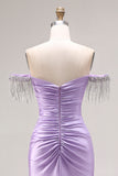 Sparkly Light Purple Off the Shoulder Mermaid Long Prom Dress with Fringes