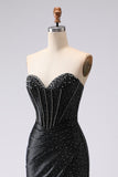 Sparkly Black Mermaid Beaded Sweetheart Long Corset Prom Dress