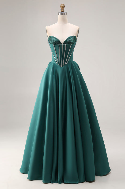 Sparkly Dark Green Sweetheart A Line Long Corset Prom Dress with Bow