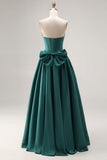 Sparkly Dark Green Sweetheart A Line Long Corset Prom Dress with Bow