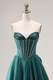 Sparkly Dark Green Sweetheart A Line Long Corset Prom Dress with Bow