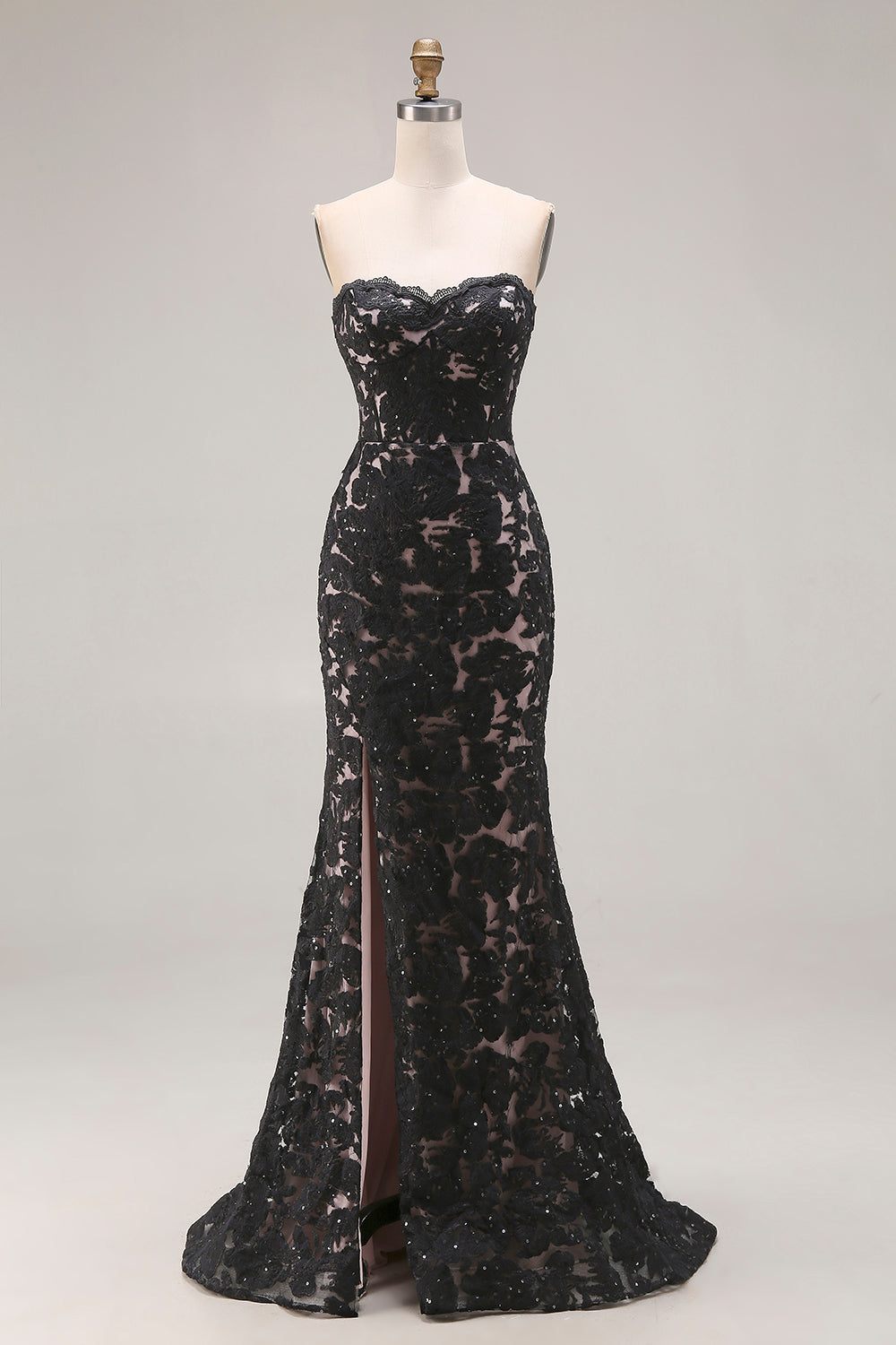 Black Lace Strapless Mermaid Long Prom Dress with Slit