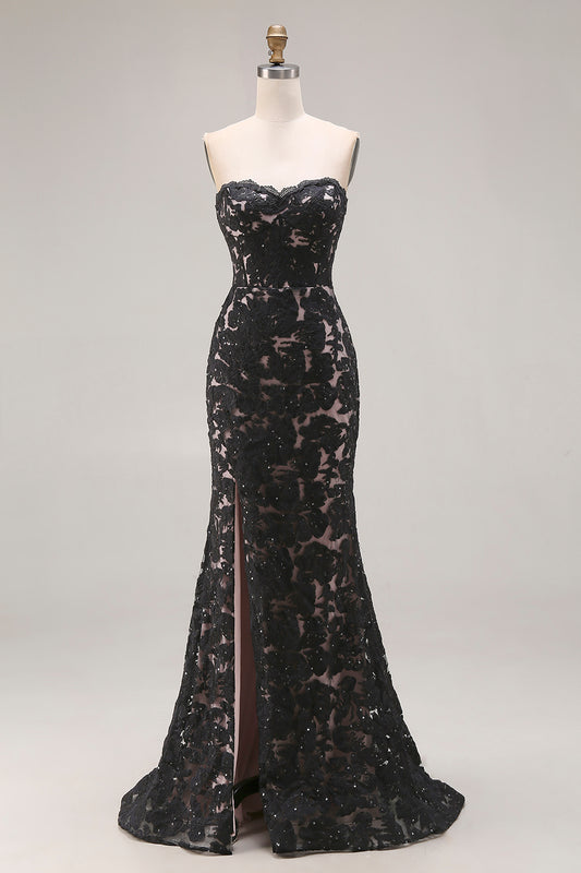 Black Lace Strapless Mermaid Long Prom Dress with Slit