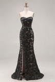 Black Lace Strapless Mermaid Long Prom Dress with Slit