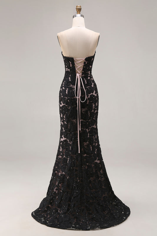 Black Lace Strapless Mermaid Long Prom Dress with Slit