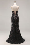 Black Lace Strapless Mermaid Long Prom Dress with Slit