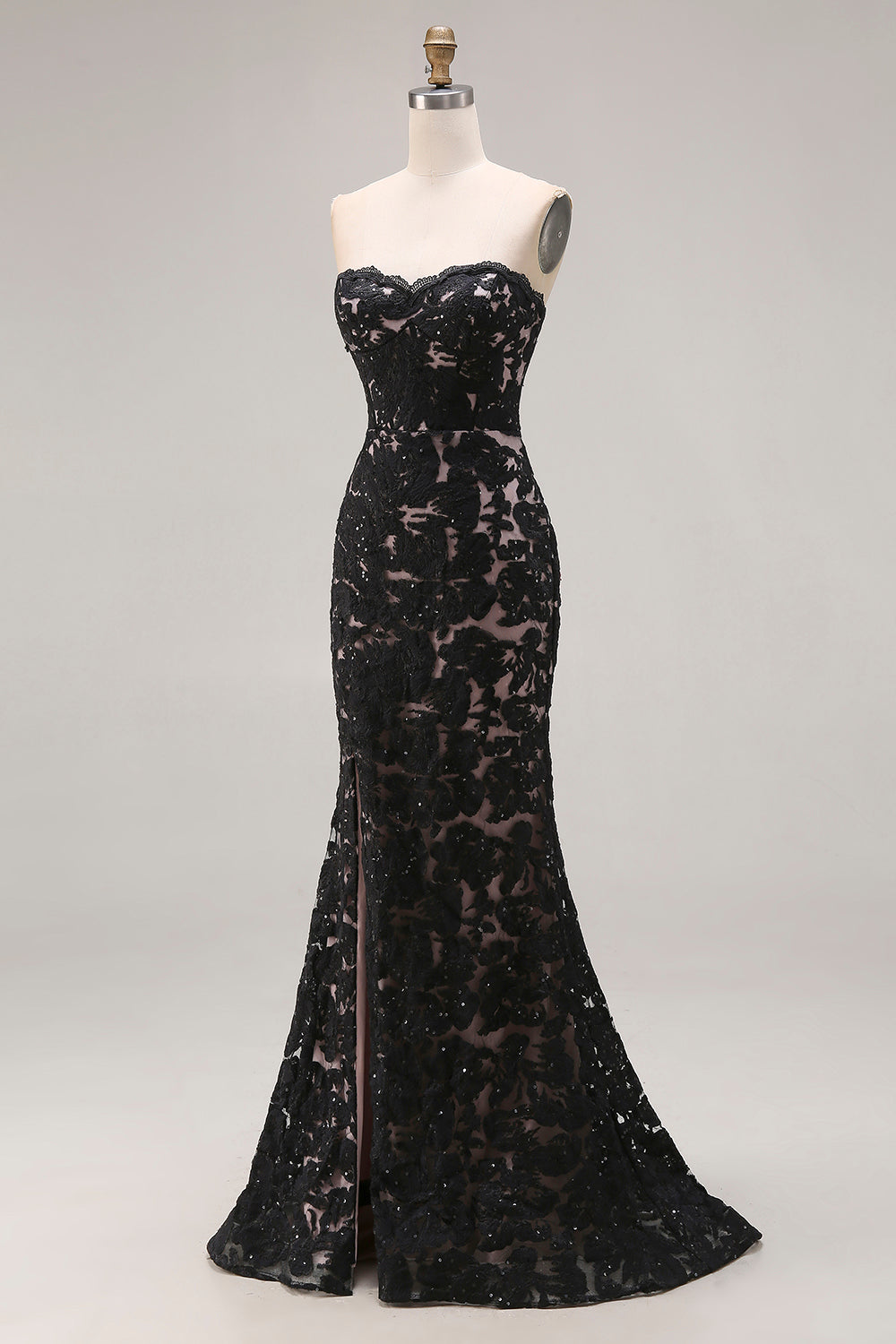 Black Lace Strapless Mermaid Long Prom Dress with Slit