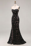 Black Lace Strapless Mermaid Long Prom Dress with Slit